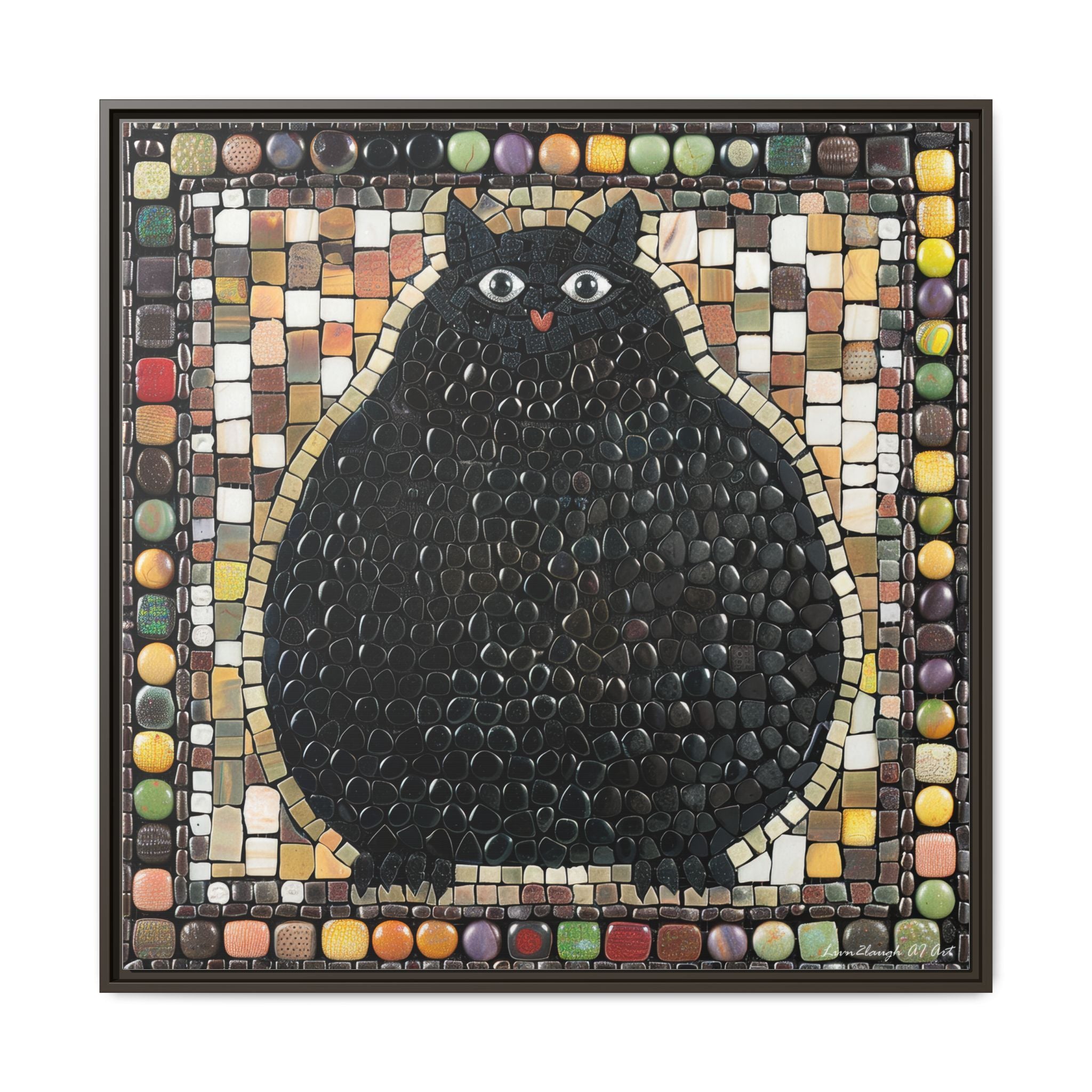 "Playful Black Cat Mosaic", Framed Mosaic Cat Art Print — Colorful Modern Wall Canvas