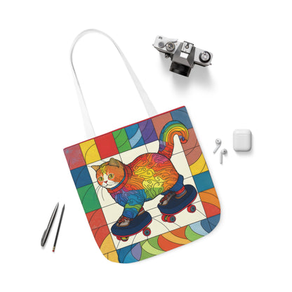 Gorgeous Rainbow Cat Riding A Skate/Skateboard With Rainbow Border Polyester Canvas Tote Bag (AOP)