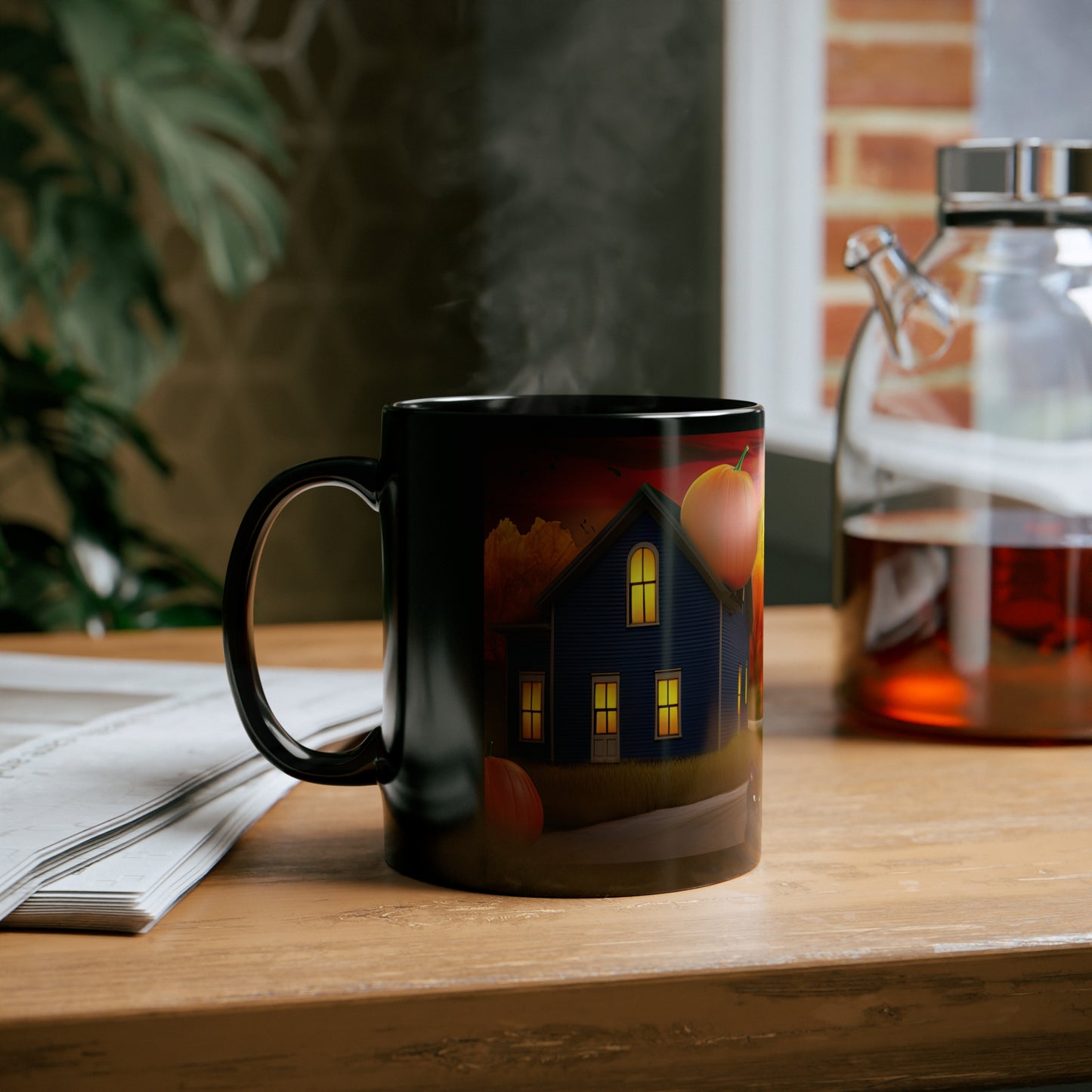 Fall Season Leads to Beautiful Colors Of the Sky, Trees Leaves, Moon And Pumpkins, Black Cat 11oz Black Mug