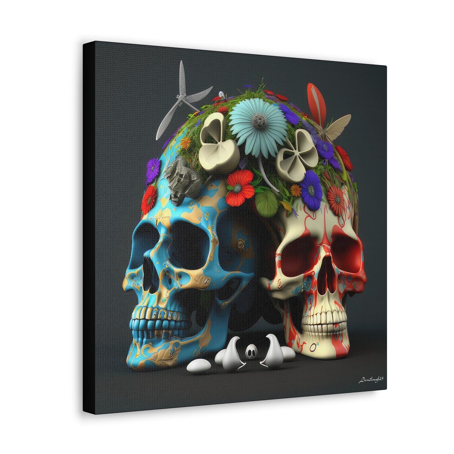 Double Skull With Blue Red  Flowers Canvas Gallery Wraps