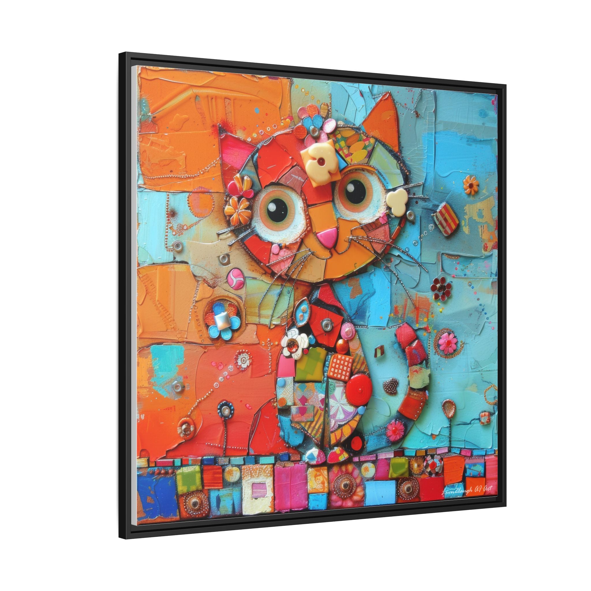 "Whimsical Mosaic Cat", Framed Mosaic Cat Art Print — Colorful Modern Wall Canvas