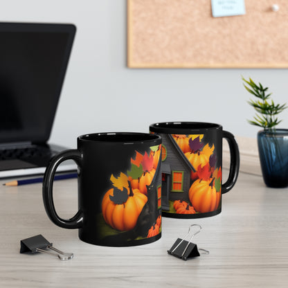 Homey Fall Time Pumpkins Theme With Black Cat 11oz Black Mug