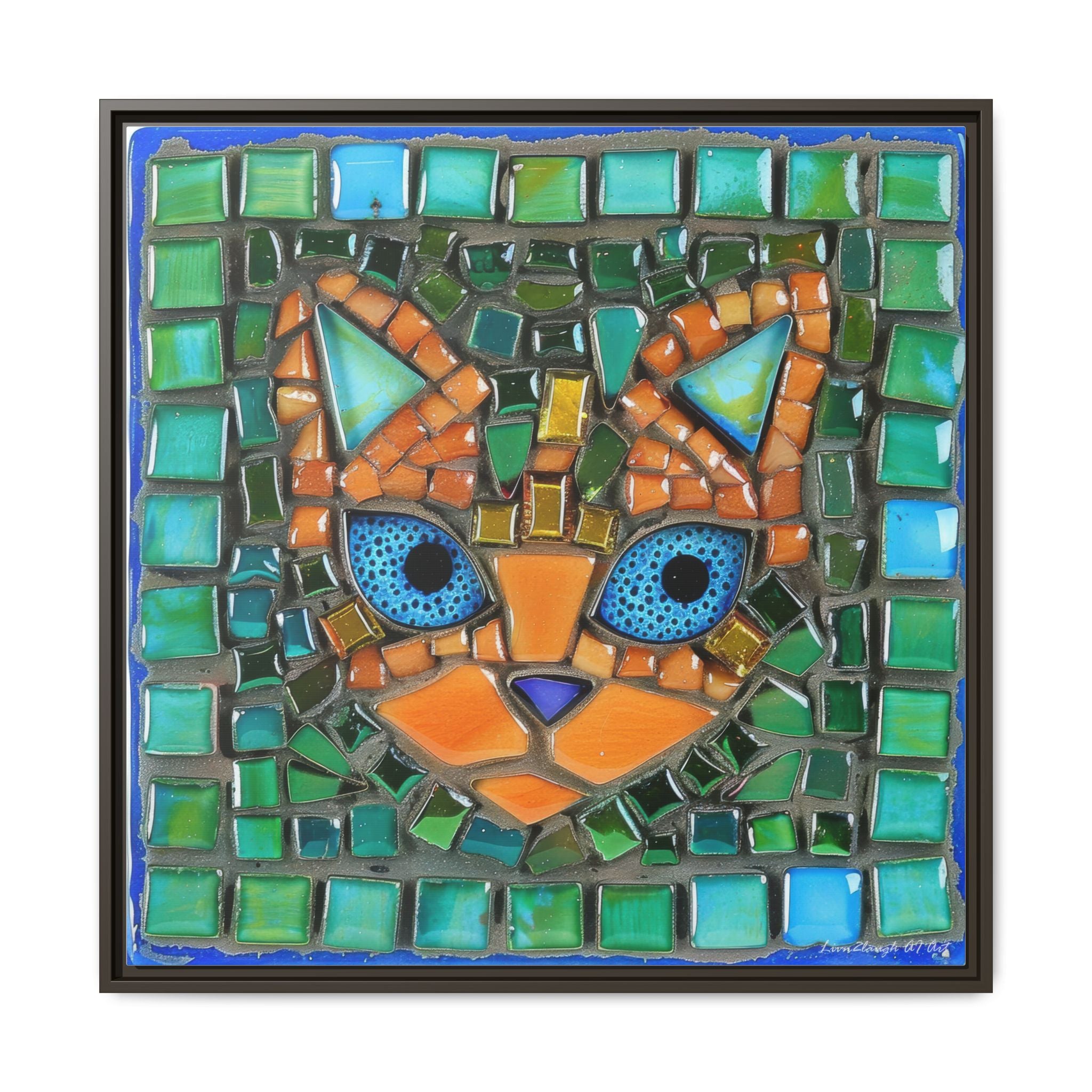 "Emerald Eyes Mosaic Cat", Framed Mosaic Cat Art Print — Colorful Modern Wall Canvas