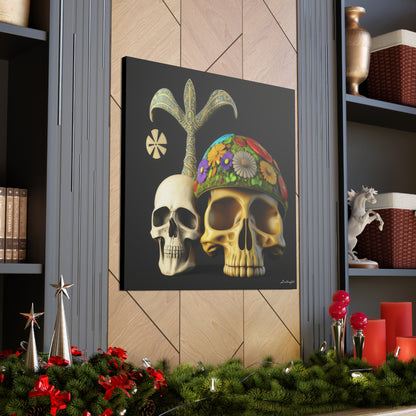 Double Skull With Yellow White Purple Flowers Canvas Gallery Wraps