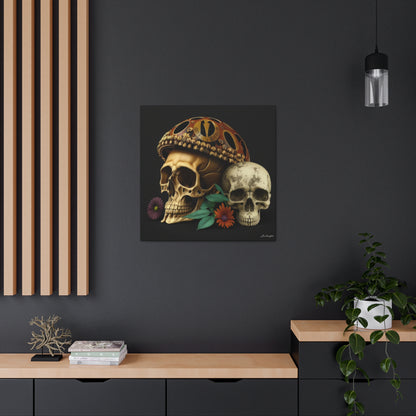 Double Skull With One Colorful Beautifully Detailed Helmet Purple Orange Flowers Canvas Gallery Wraps