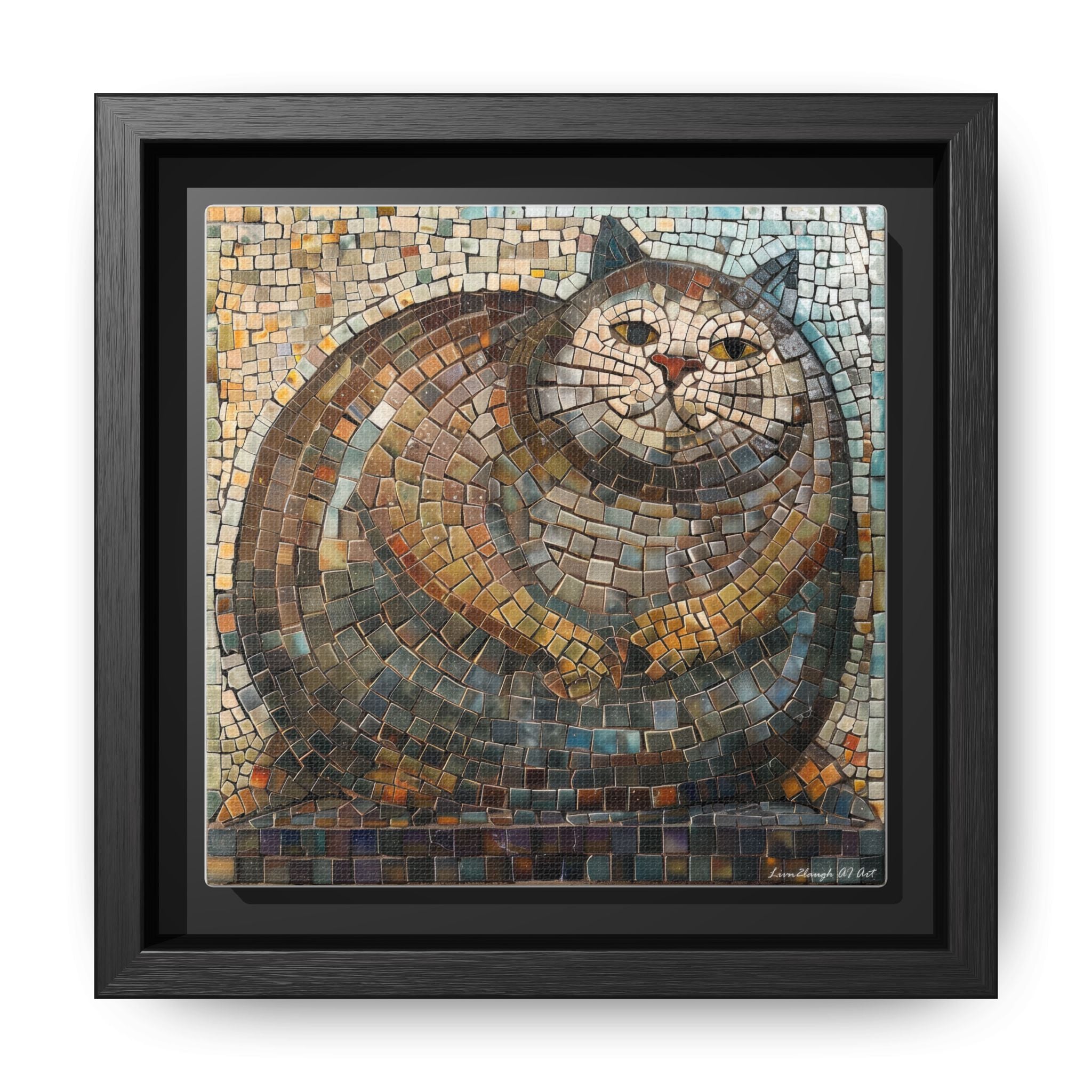 "Serene Mosaic Cat", Framed Mosaic Cat Art Print — Colorful Modern Wall Canvas
