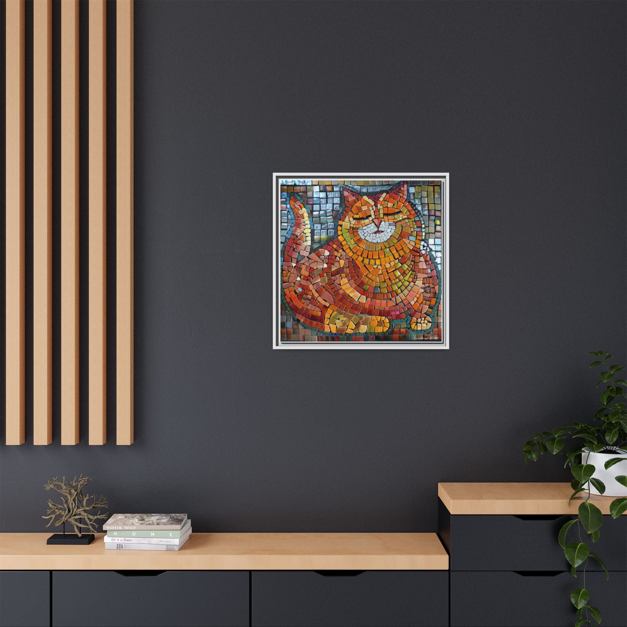 Radiant Whiskers: The Joyful Cat, Framed Mosaic Cat Art Print — Colorful Modern Wall Canvas