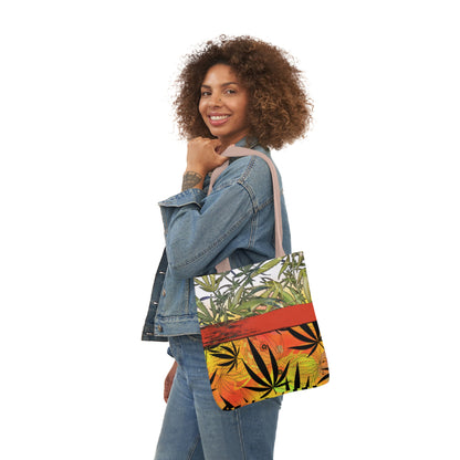 Beautiful Redish Orange Banded Marijuana 420 Pot Weed Leaf Polyester Canvas Tote Bag (AOP)