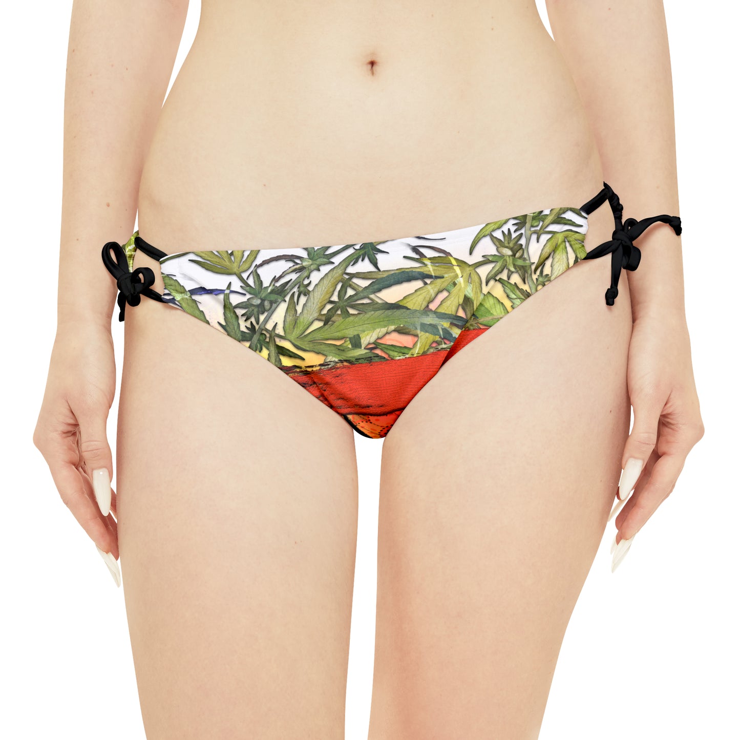 Beautiful Redish Orange Banded Marijuana 420 Pot Weed Leaf Strappy Bikini Set (AOP)