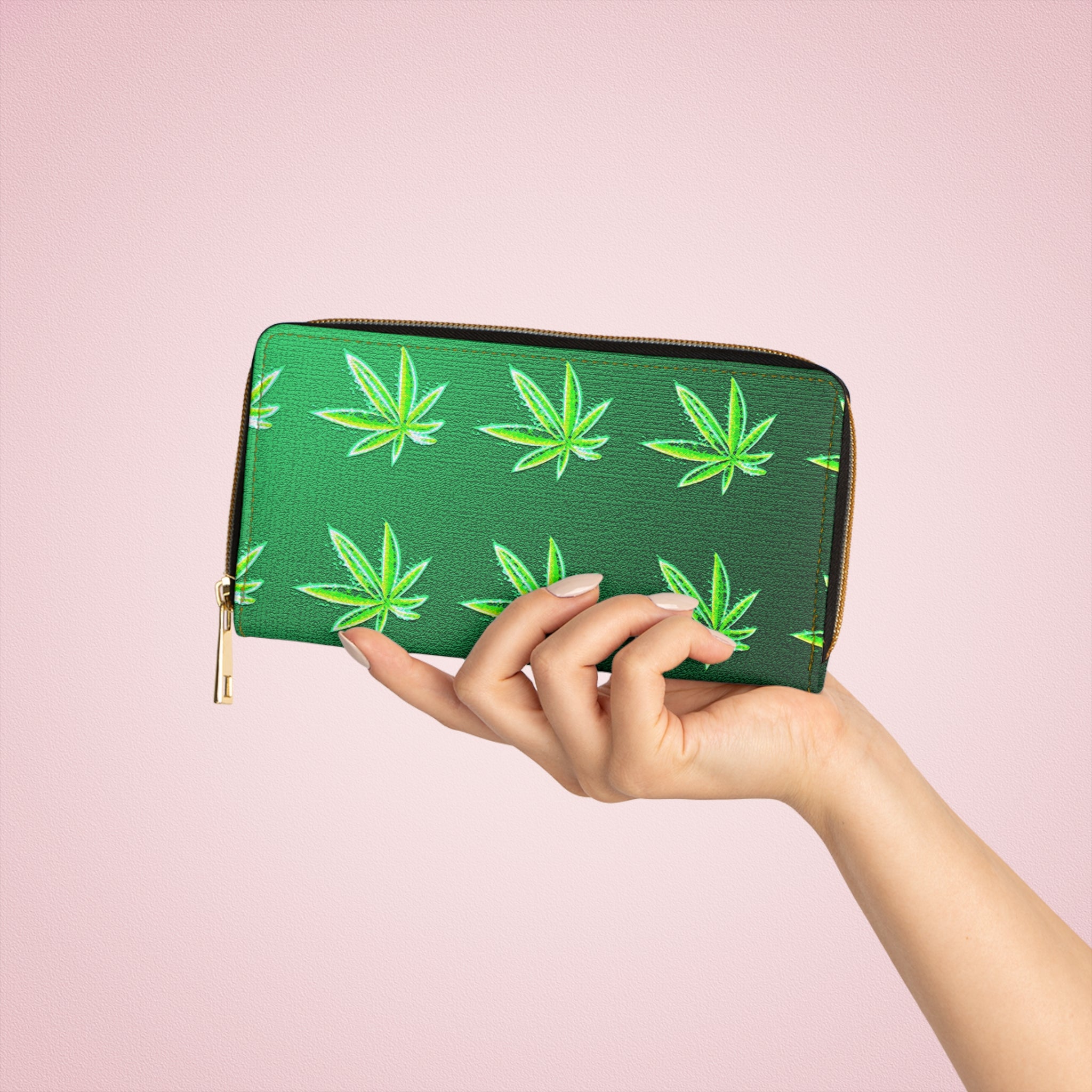 Green Leaf Marijuana Pot Weed Leaf 420 Zipper Wallet