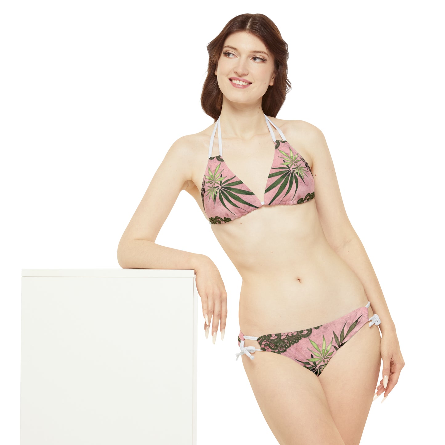 Grey Lace Gorgeous Pink Designed Marijuana 420 Weed Strappy Bikini Set (AOP)