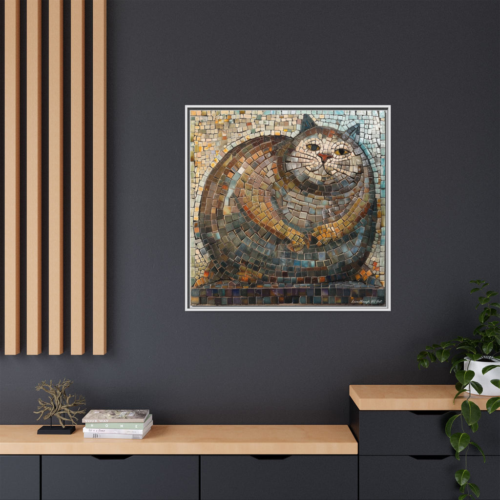 "Serene Mosaic Cat", Framed Mosaic Cat Art Print — Colorful Modern Wall Canvas