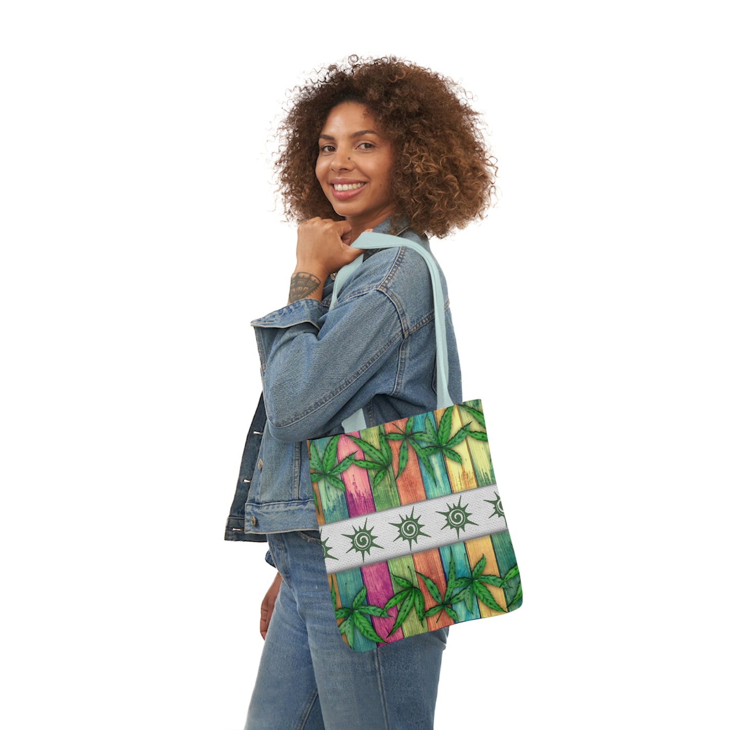 Beautiful Multicolored Pink Purple Blue 420 Weed Marijuana Leaf Polyester Canvas Tote Bag (AOP)