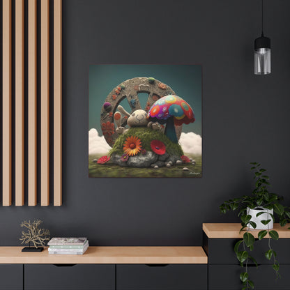 Beautiful Forest Round Peace Sign , Bunny Style Mushrooms  Flowers And Butterfly 12 Canvas Gallery Wraps