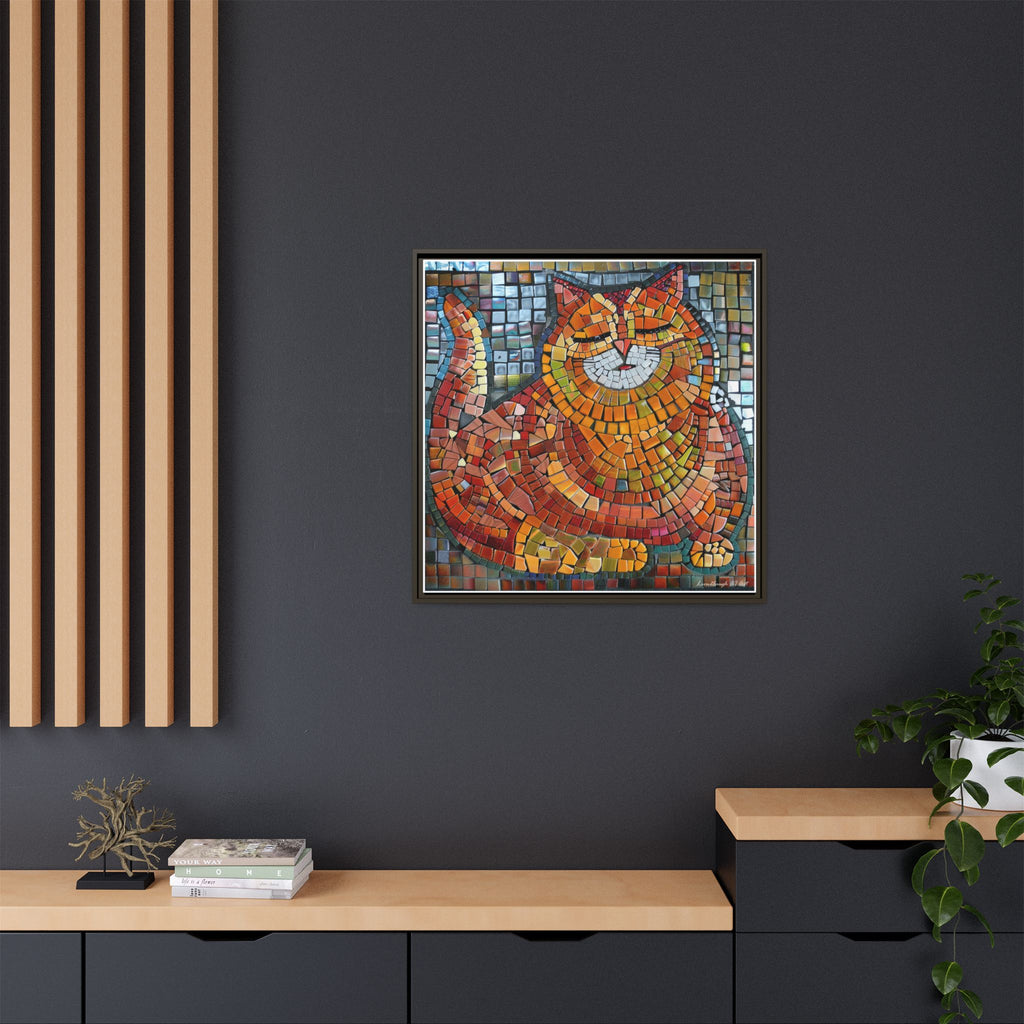 Radiant Whiskers: The Joyful Cat, Framed Mosaic Cat Art Print — Colorful Modern Wall Canvas