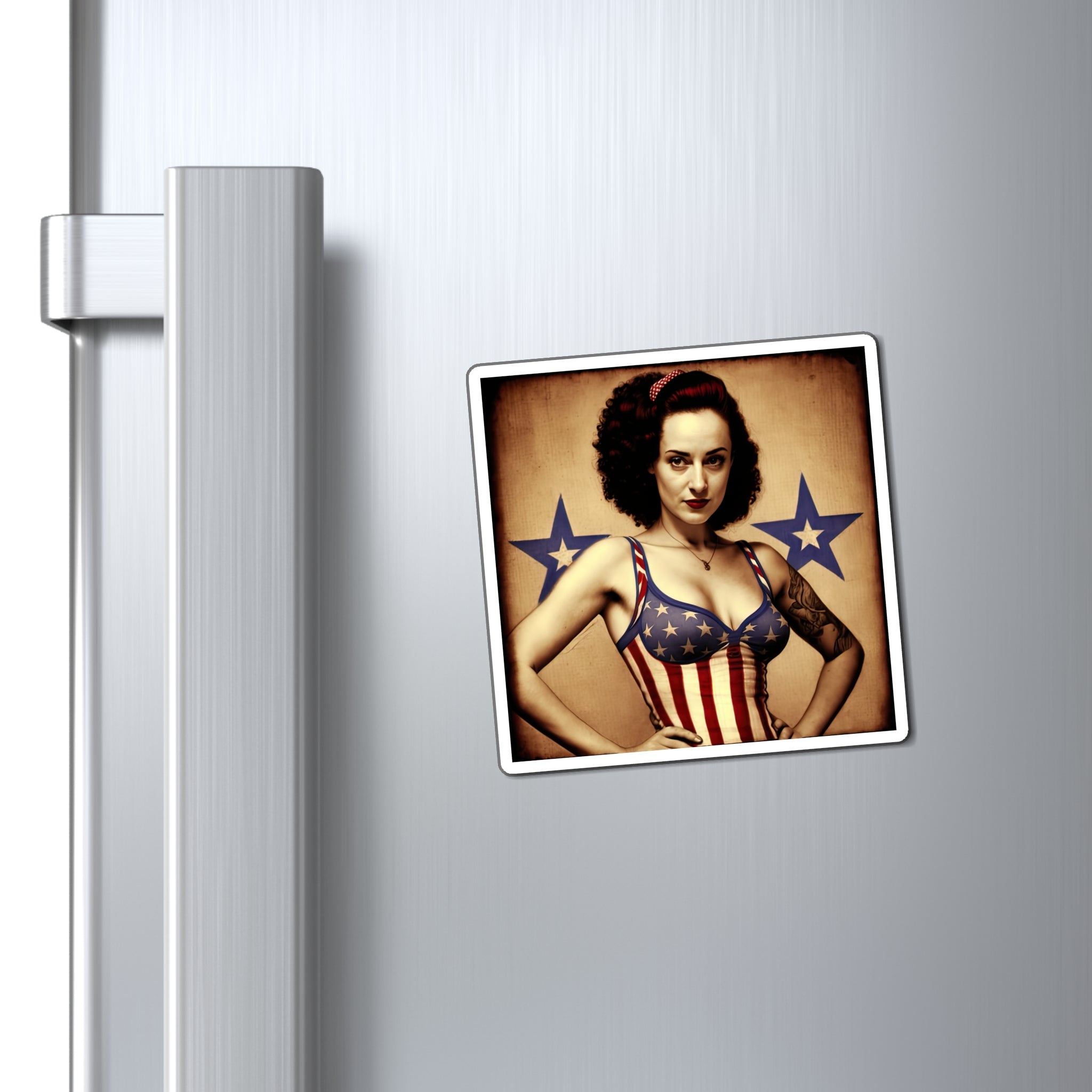 Retro Tattooed Pinup Blue, Red And White Star Magnet Style three