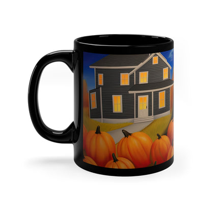 Gothic Cat Girl Halloween With Beautiful Moon And Pumpkins 11oz Black Mug