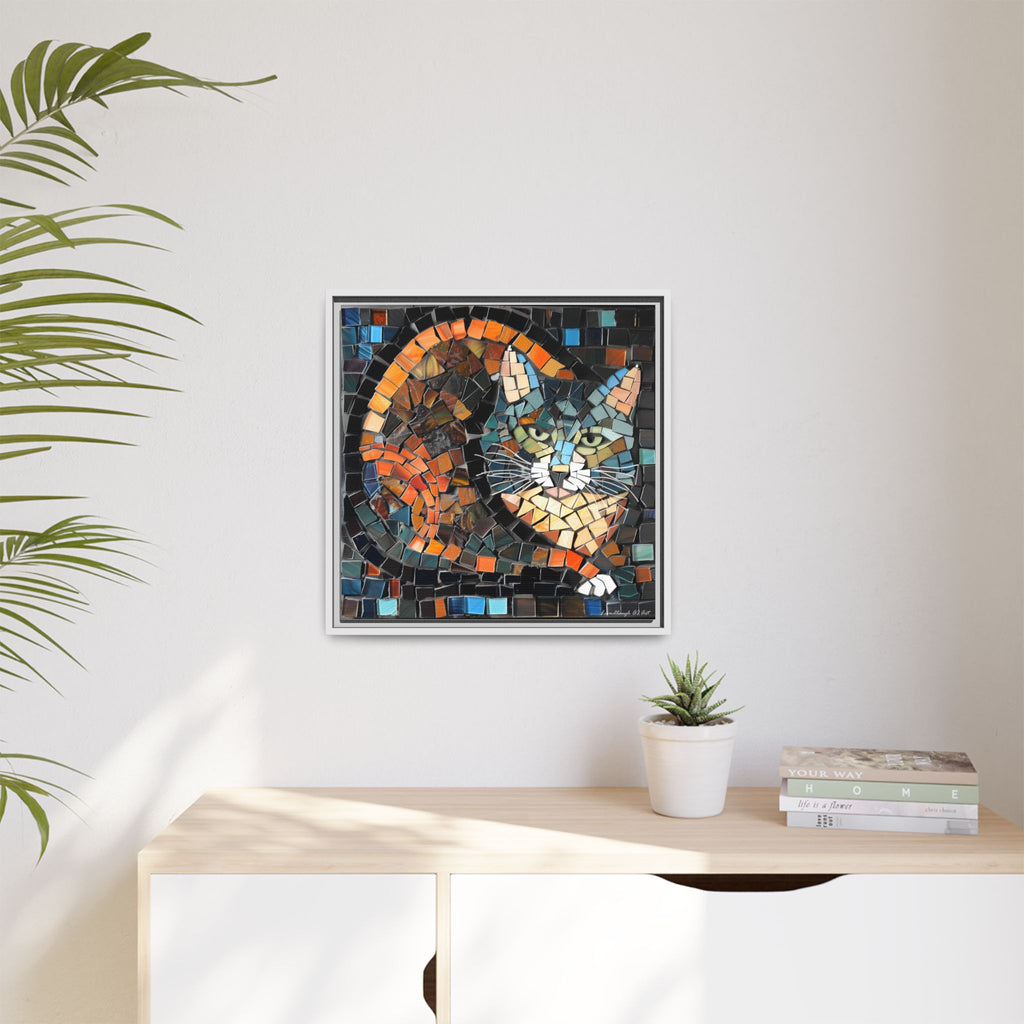 "Bold Mosaic Cat", Framed Mosaic Cat Art Print — Colorful Modern Wall Canvas