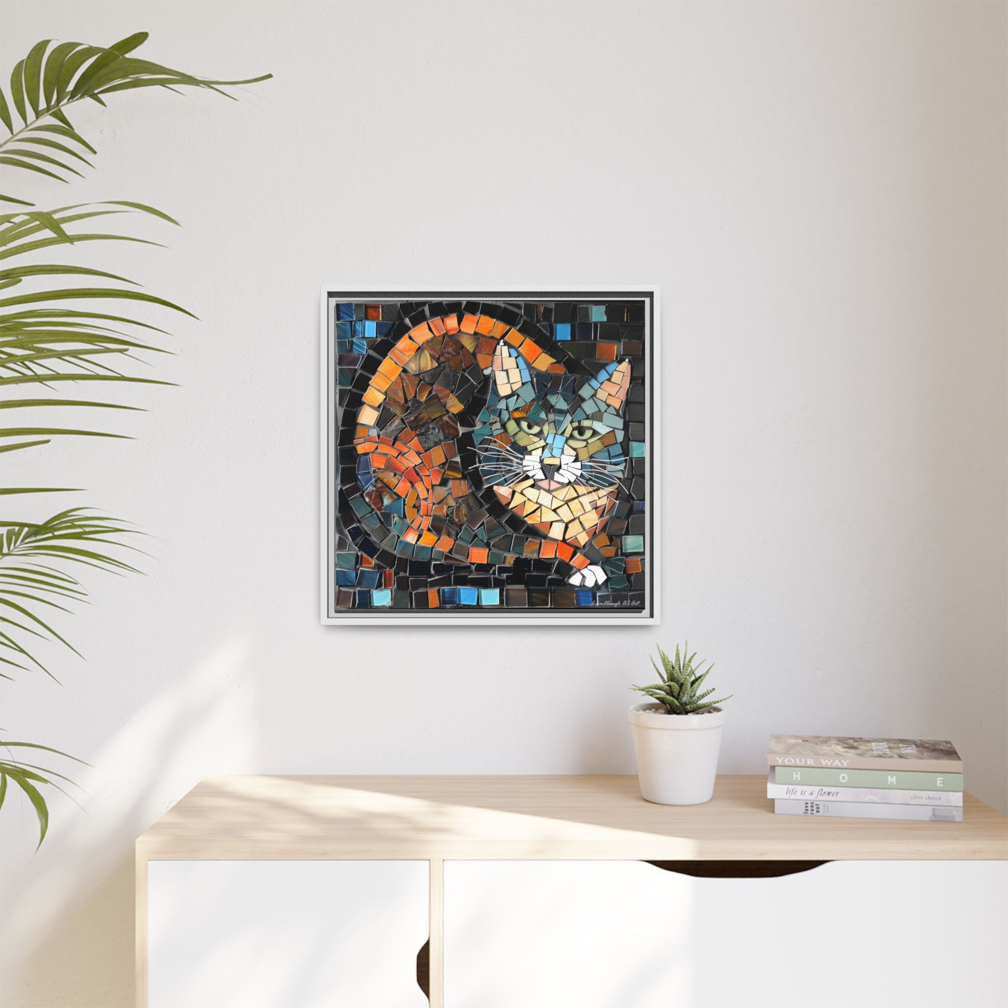 "Bold Mosaic Cat", Framed Mosaic Cat Art Print — Colorful Modern Wall Canvas
