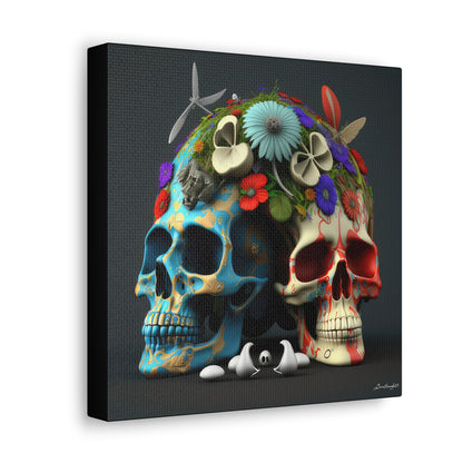 Double Skull With Blue Red  Flowers Canvas Gallery Wraps