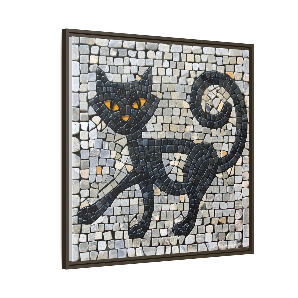 "Curious Black Cat Mosaic", Framed Mosaic Cat Art Print — Colorful Modern Wall Canvas