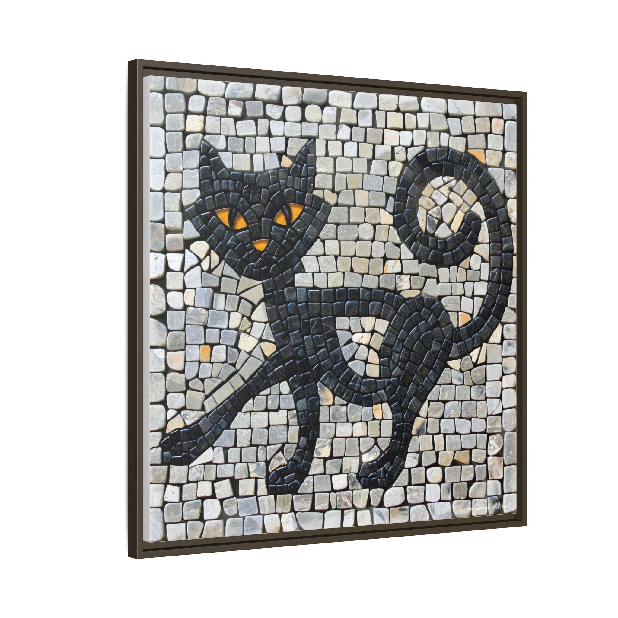 "Curious Black Cat Mosaic", Framed Mosaic Cat Art Print — Colorful Modern Wall Canvas