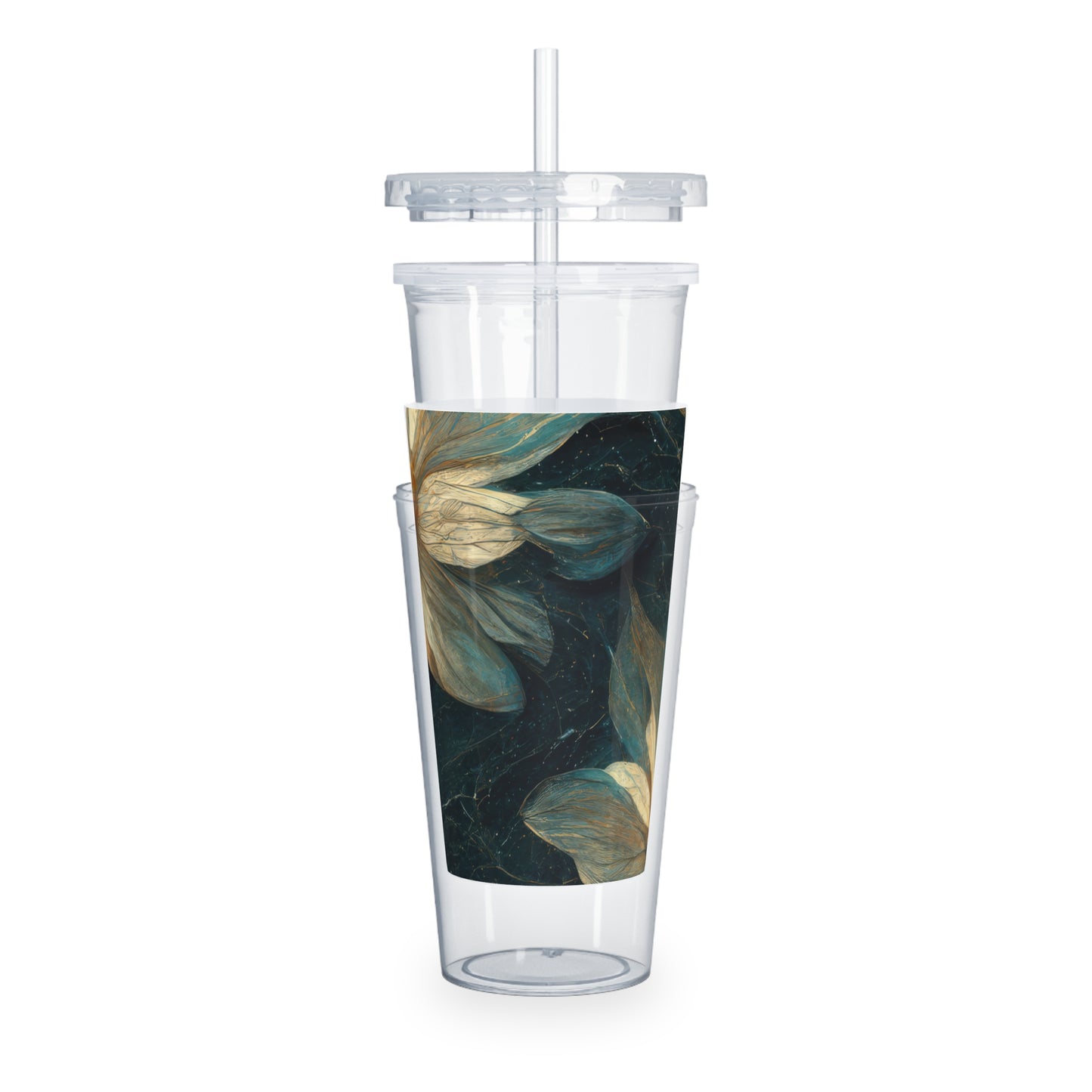 Bold And Beautiful White, Grey And Blue Floral Style 3 Plastic Tumbler with Straw