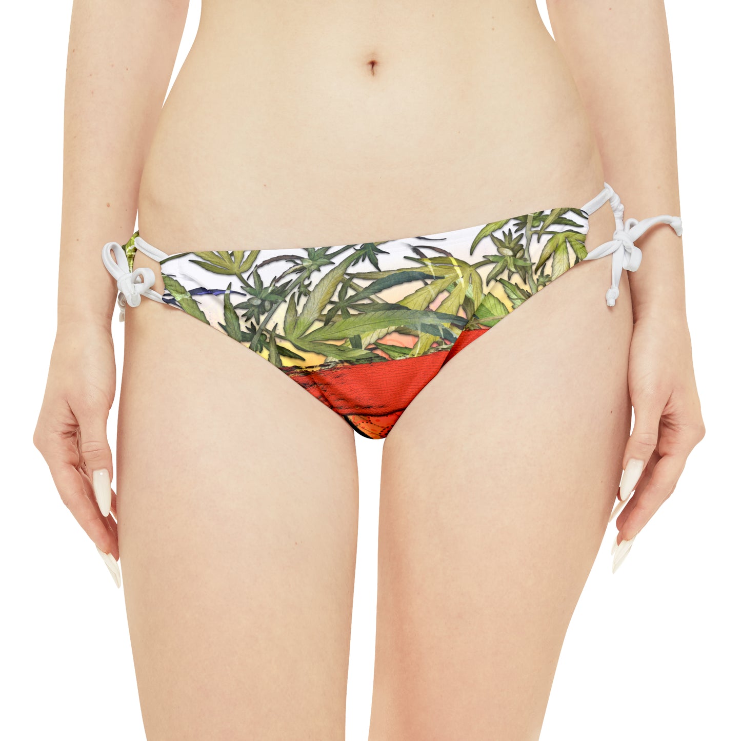 Beautiful Redish Orange Banded Marijuana 420 Pot Weed Leaf Strappy Bikini Set (AOP)