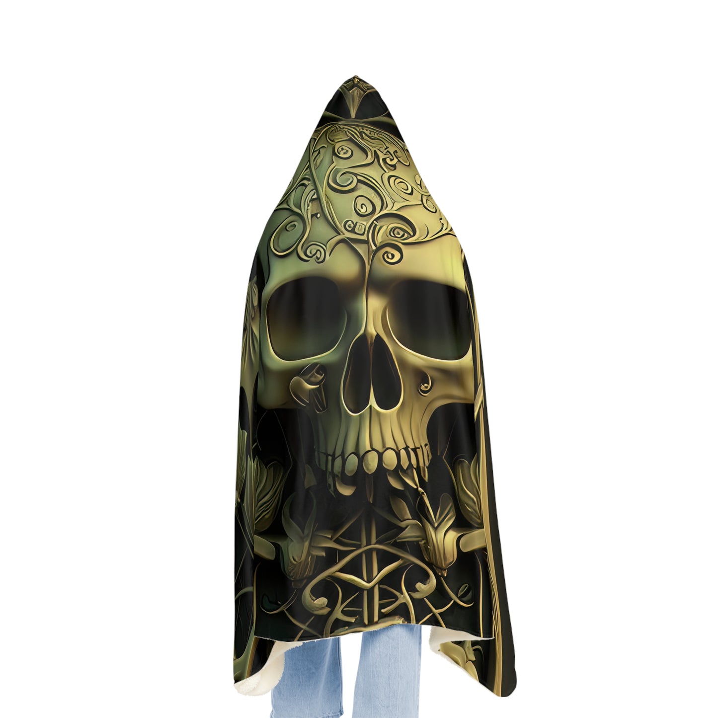 Bronze Style Metal Skull Person Shoulders With Leaves Snuggle Blanket