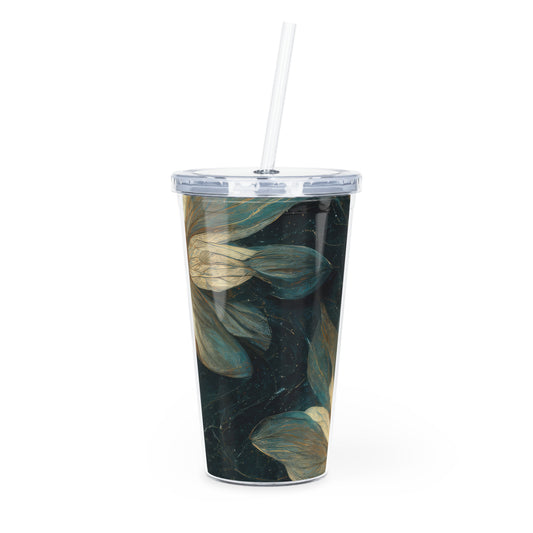 Bold And Beautiful White, Grey And Blue Floral Style 3 Plastic Tumbler with Straw