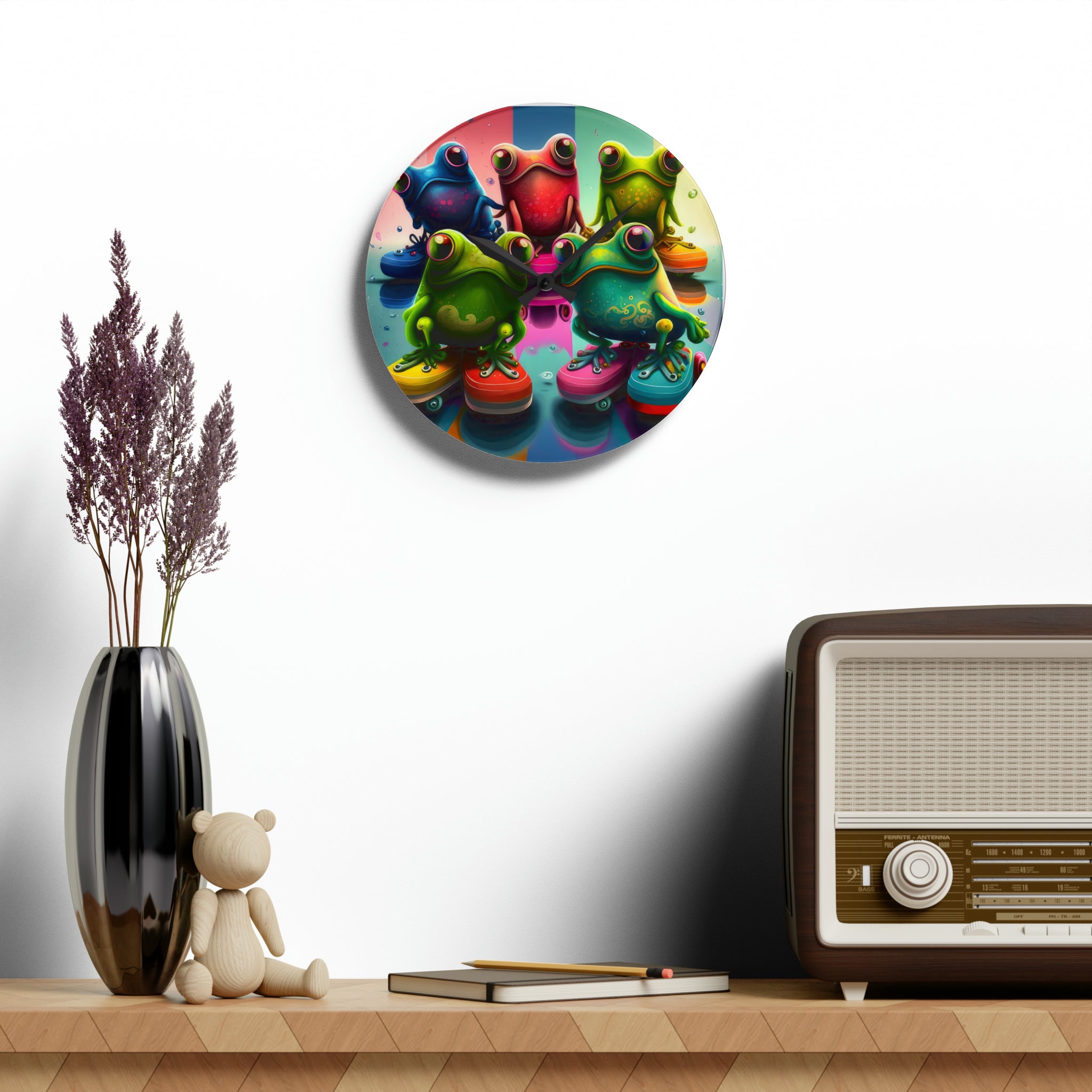 Colorful Group Of Frogs On Skates Wall Clock