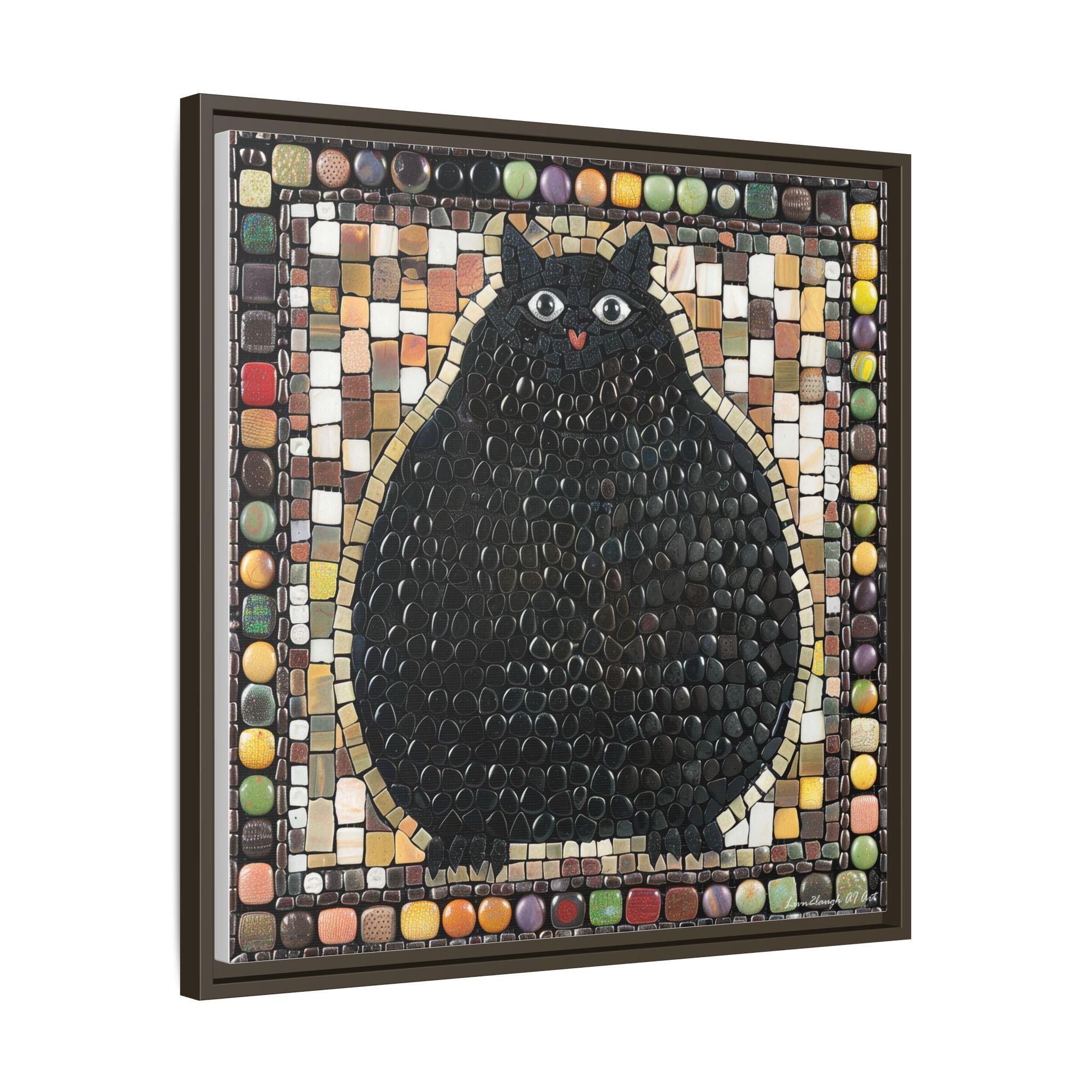 "Playful Black Cat Mosaic", Framed Mosaic Cat Art Print — Colorful Modern Wall Canvas