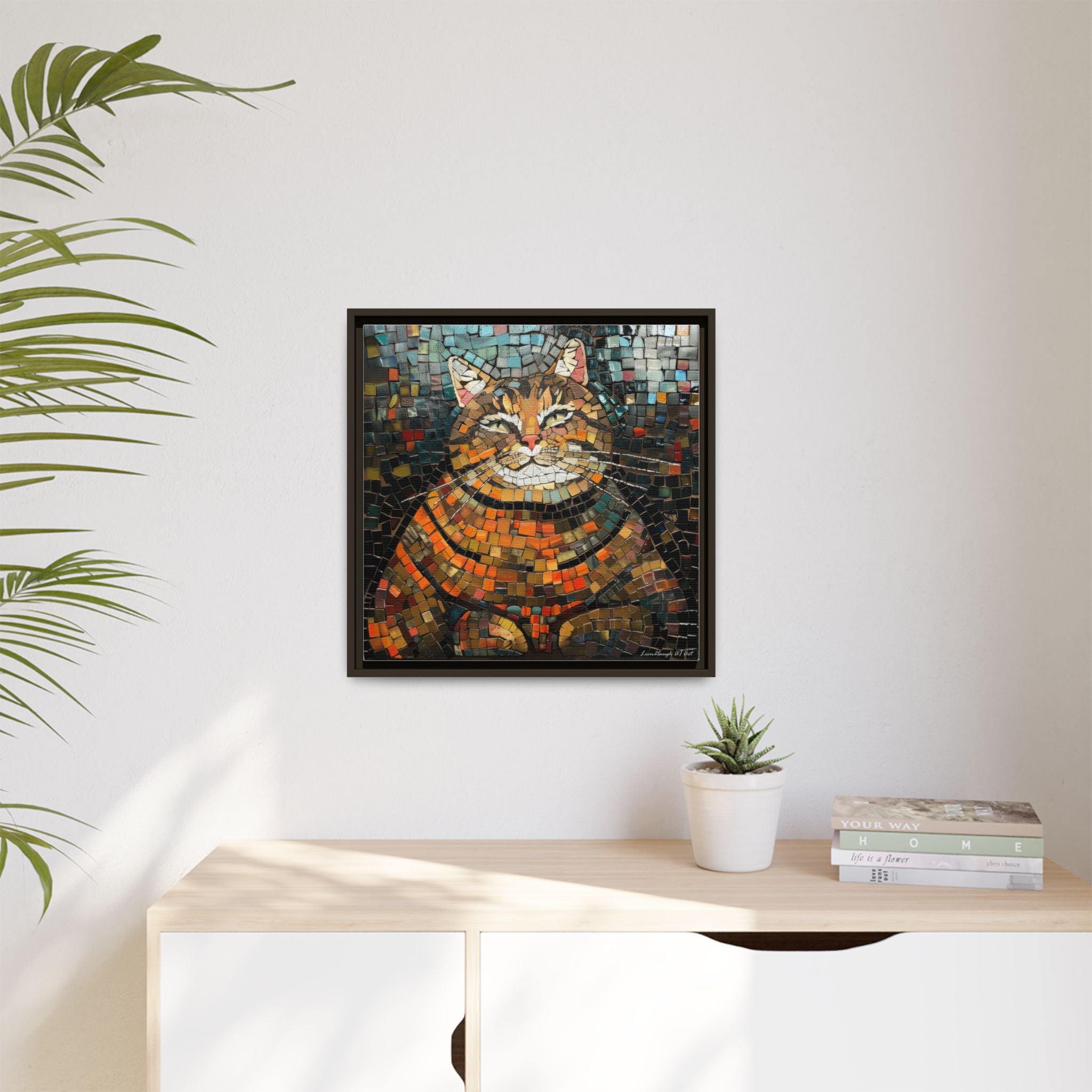 Mosaic Majesty: The Regal Cat, Framed Mosaic Cat Art Print — Colorful Modern Wall Canvas