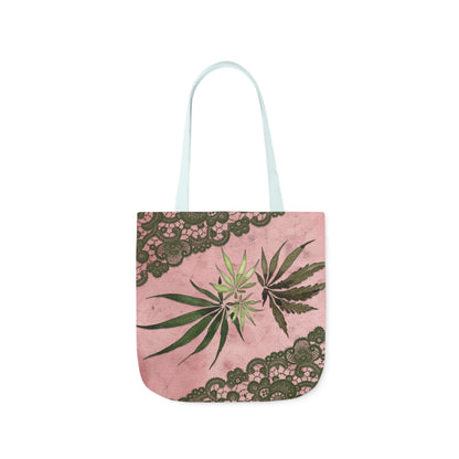 Grey Lace Gorgeous Pink Designed Marijuana 420 Weed Polyester Canvas Tote Bag (AOP)