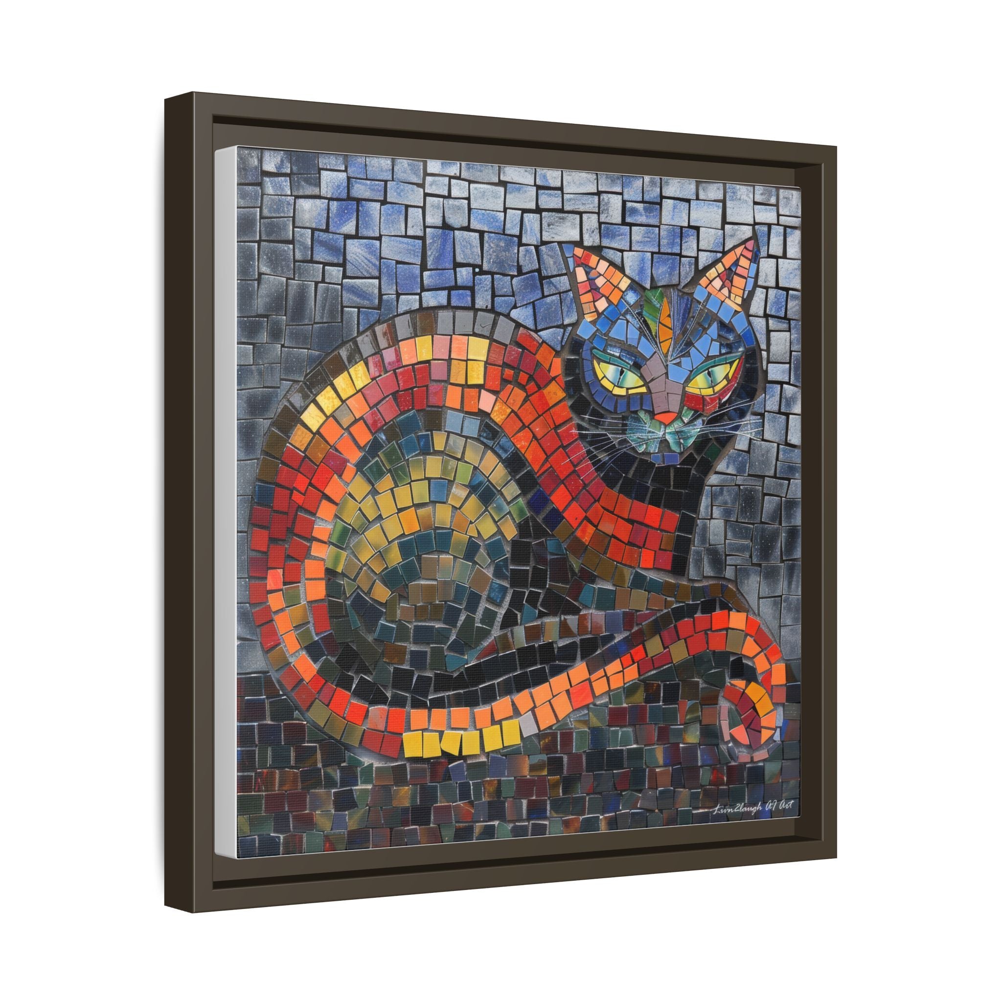 Mystic Shadows: The Enigmatic Cat, Framed Mosaic Cat Art Print — Colorful Modern Wall Canvas