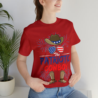 Patriotic Cowboy, American Flag 'Glasses, Cowboy Hat and Boots, Fourth of July 4th Unisex Jersey Short Sleeve Tee