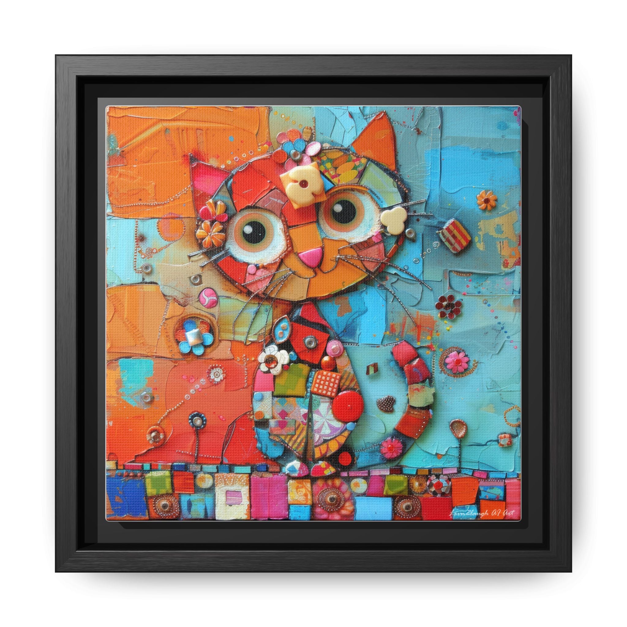 "Whimsical Mosaic Cat", Framed Mosaic Cat Art Print — Colorful Modern Wall Canvas