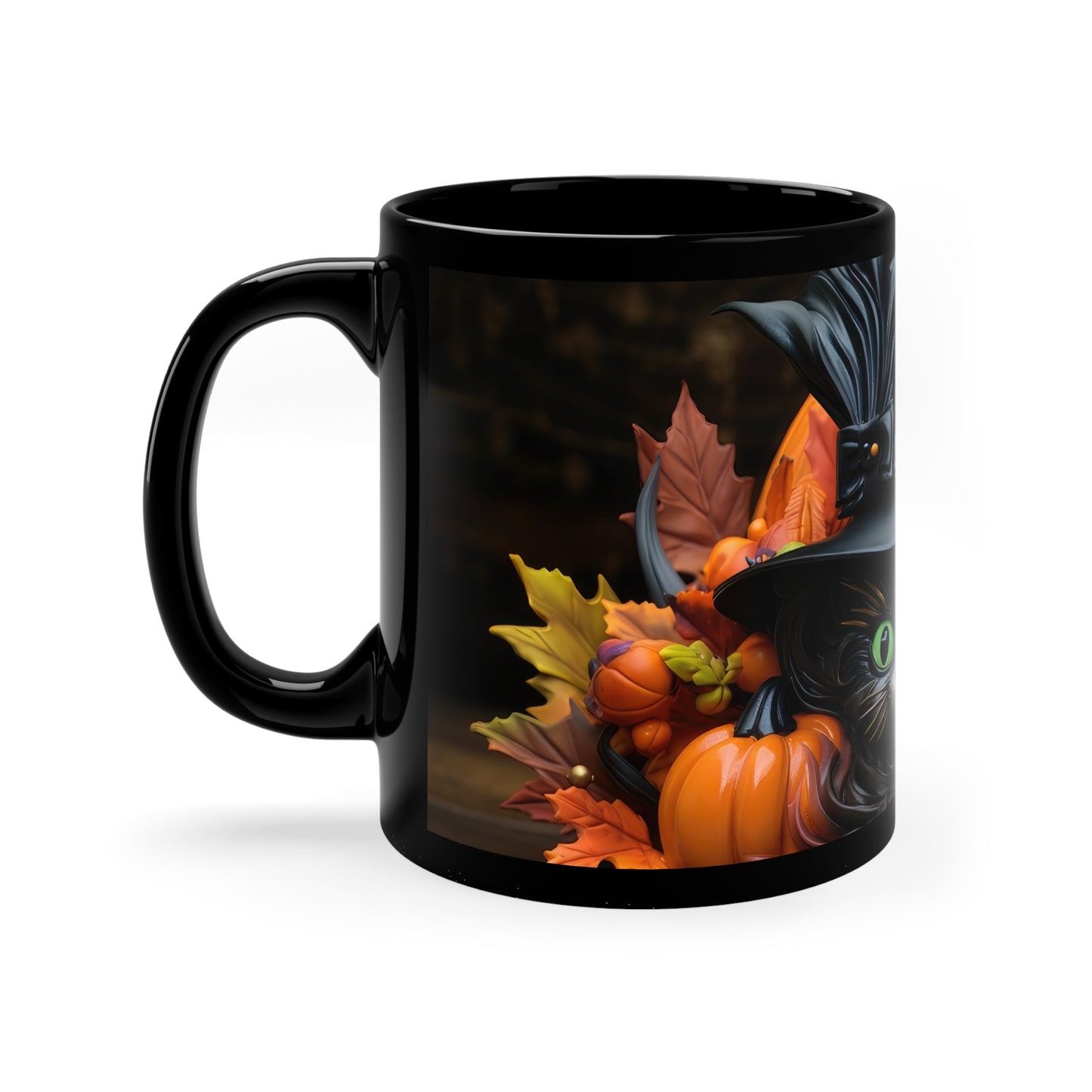 Halloween Hat Green Eyed Black Cat With Fall leaves And Pumpkins 11oz Black Mug