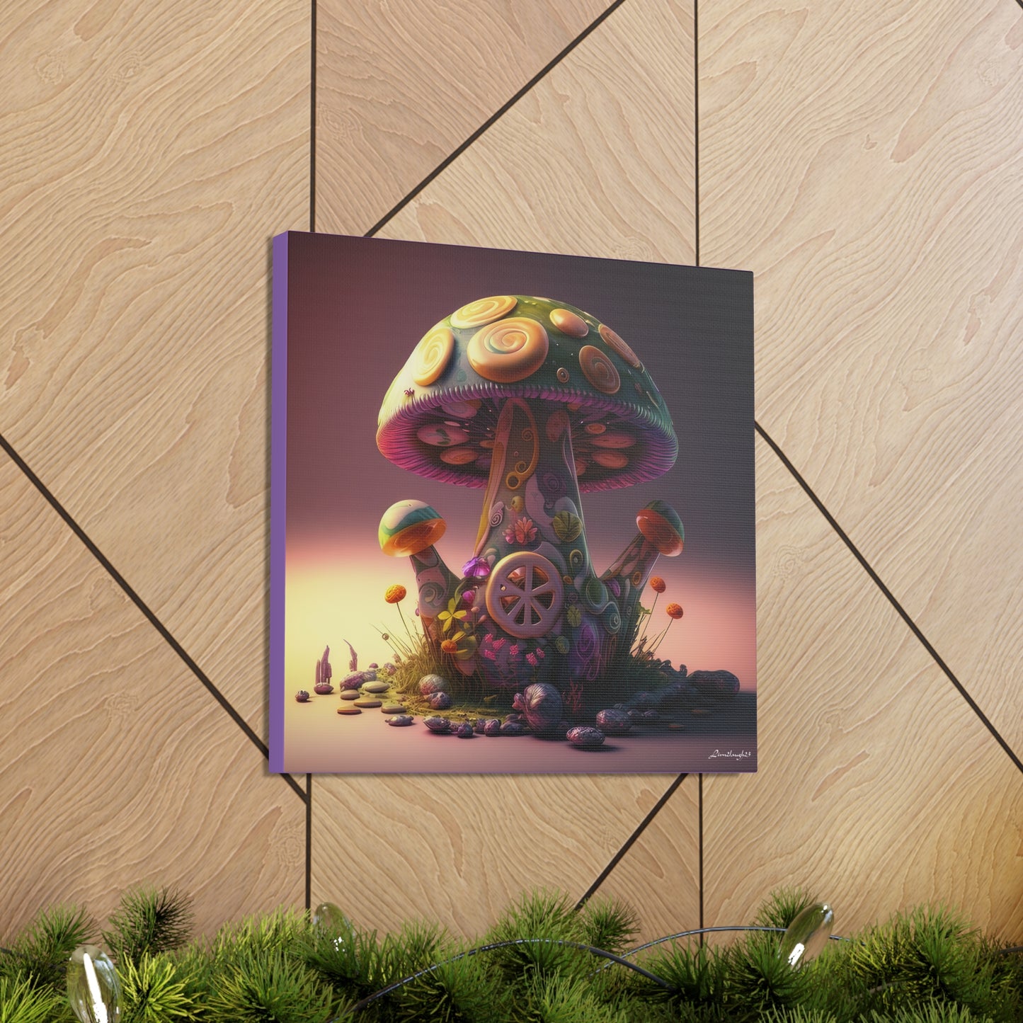 Beautiful Three Mushroom Colorful Uniquely Detailed Canvas Gallery Wraps