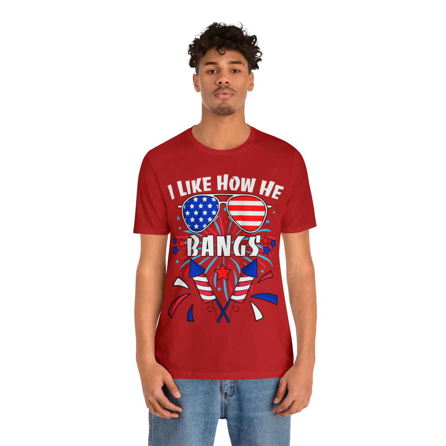 I Like How He Bangs American Flag, Fourth Of July 4th , American Flag Glasses Unisex Jersey Short Sleeve Tee