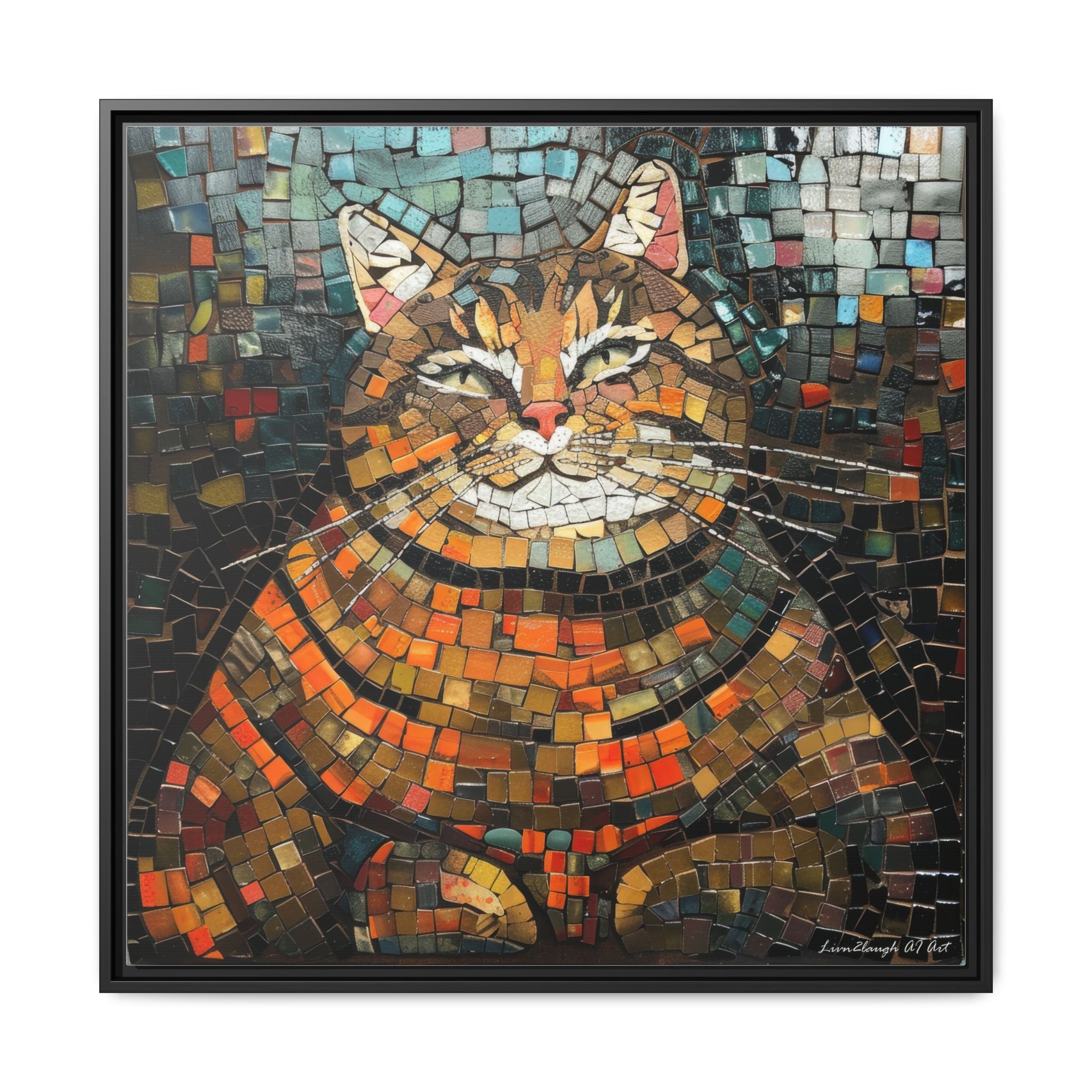 Mosaic Majesty: The Regal Cat, Framed Mosaic Cat Art Print — Colorful Modern Wall Canvas