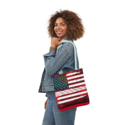 Flag Red, White And Blue Beautiful Red Background With Marijuana Pot Weed 420 Leaf Polyester Canvas Tote Bag (AOP)