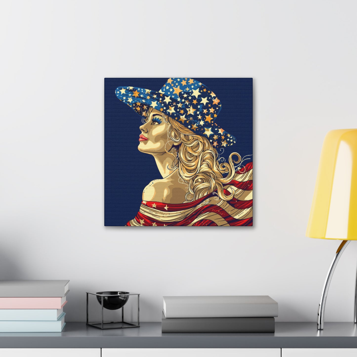 4th July Spirit, Star Blue White Hat, Red and White Them Canvas Gallery Wraps