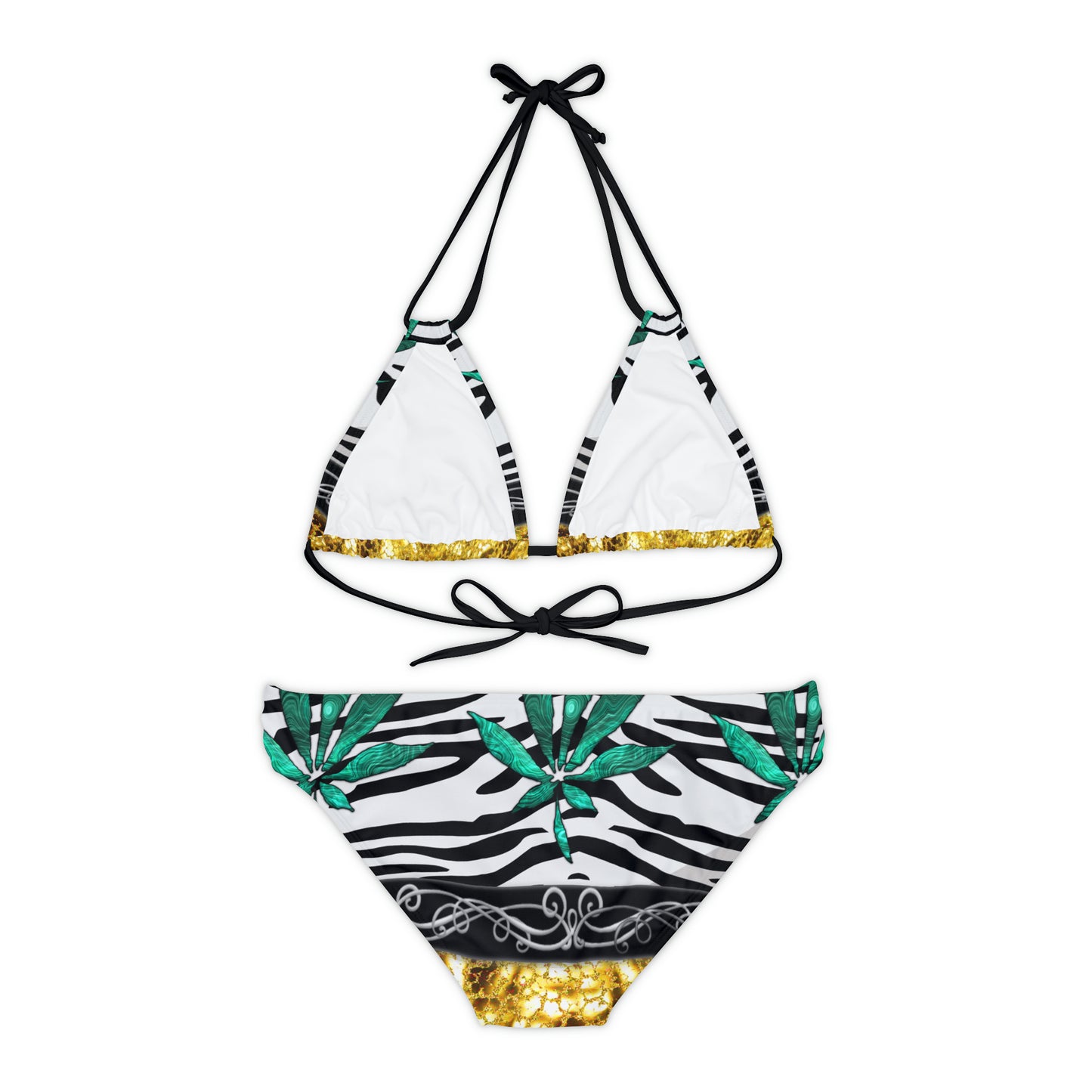 Gold And Zebra White And Black Marijuana Pot Weed Leaf 420 Weed Pot Marijuana Leaf Strappy Bikini Set (AOP)