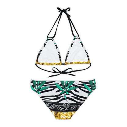 Gold And Zebra White And Black Marijuana Pot Weed Leaf 420 Weed Pot Marijuana Leaf Strappy Bikini Set (AOP)