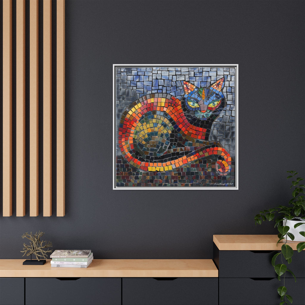 Mystic Shadows: The Enigmatic Cat, Framed Mosaic Cat Art Print — Colorful Modern Wall Canvas