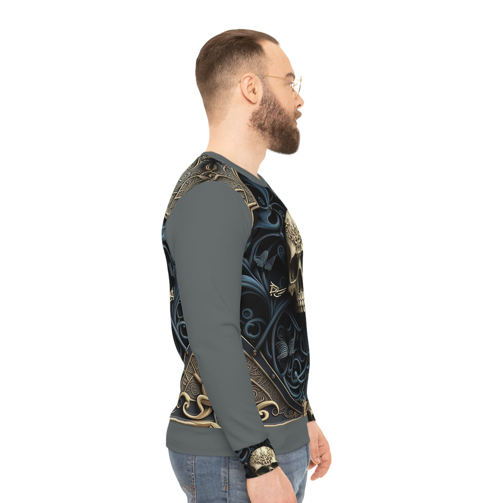 Metallic Chrome Skull and classic Designed Background Style 5, Blue Lightweight Sweatshirt (AOP)
