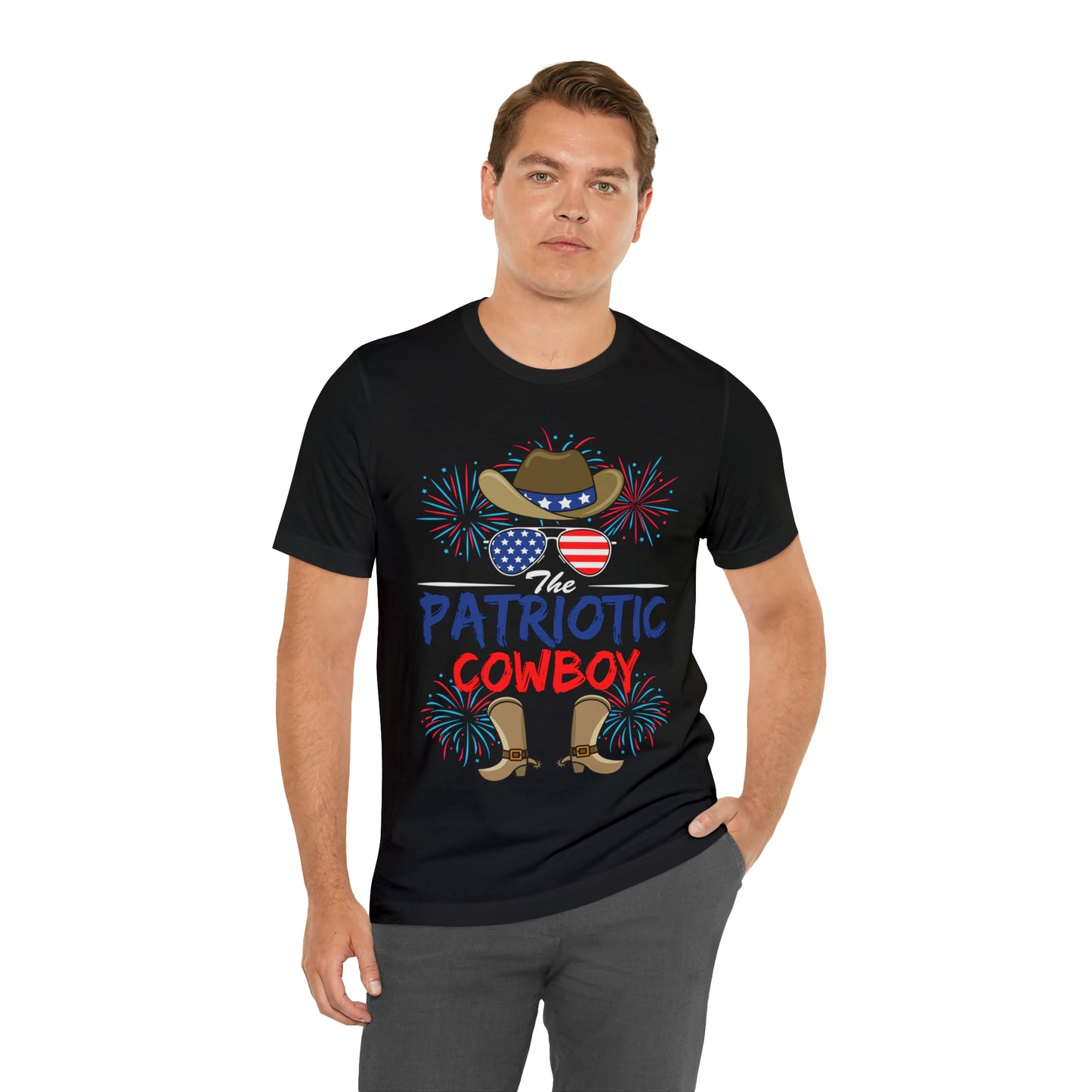 Patriotic Cowboy, American Flag 'Glasses, Cowboy Hat and Boots, Fourth of July 4th Unisex Jersey Short Sleeve Tee