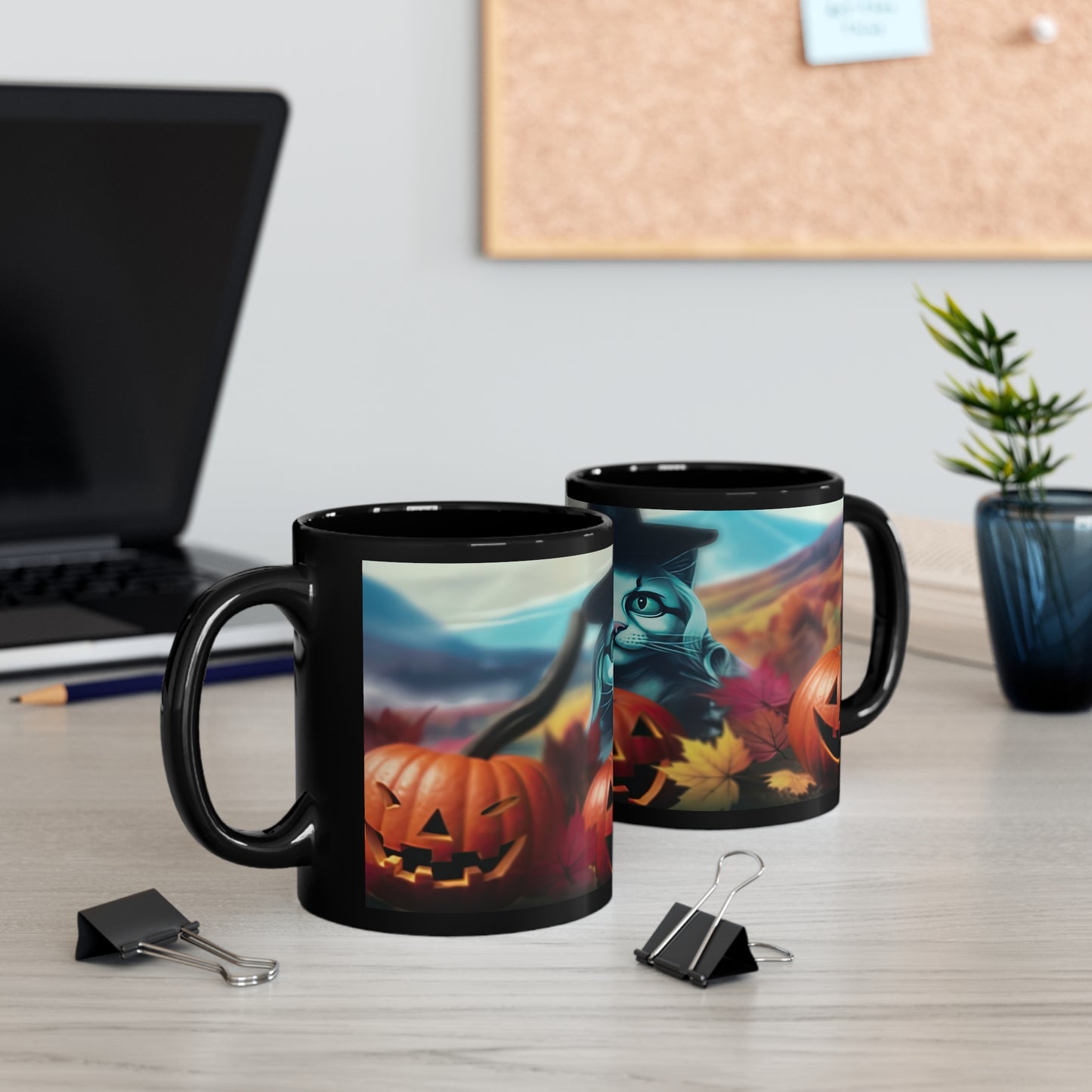 Fall Time White Cat With Black Hat, Fall Leaves And Halloween Pumpkins 11oz Black Mug