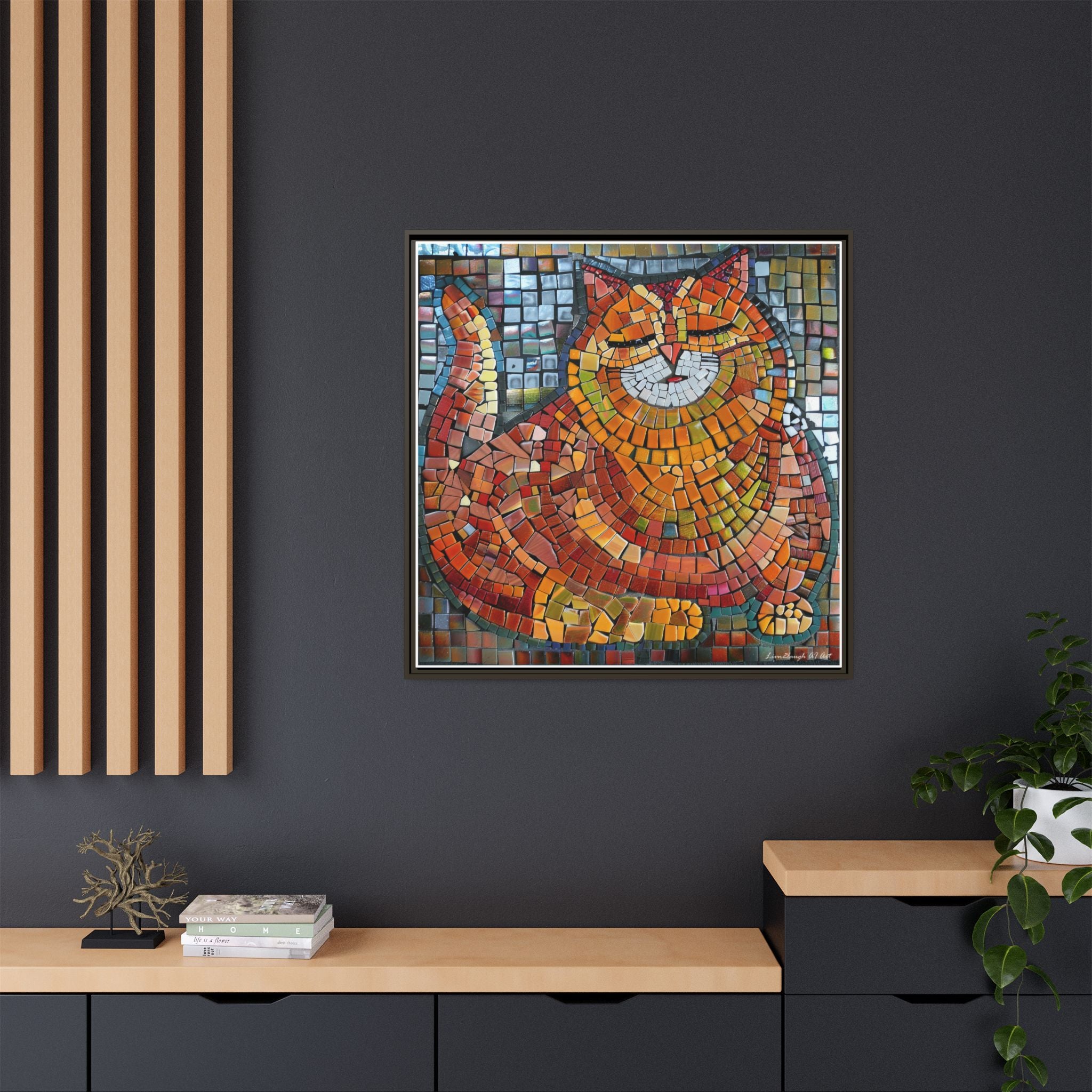 Radiant Whiskers: The Joyful Cat, Framed Mosaic Cat Art Print — Colorful Modern Wall Canvas